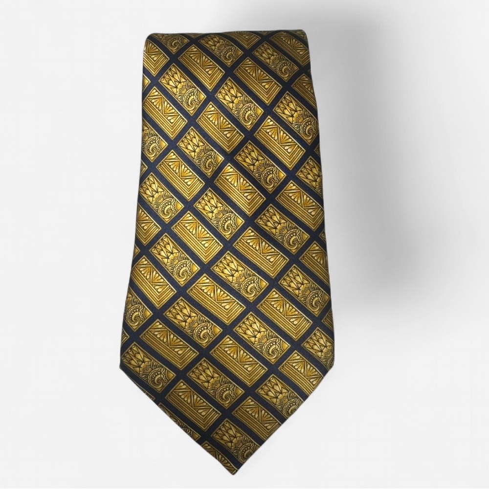 Vintage Lanvin Gold and Navy Geometric All Silk Tie